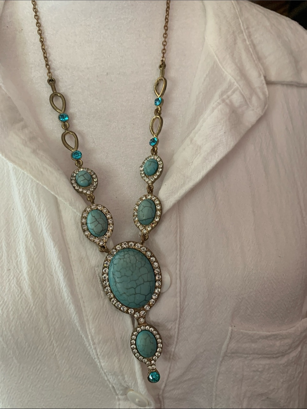 Turquoise Oval Pendant Necklace with Crystal Halo - Women Jewelry